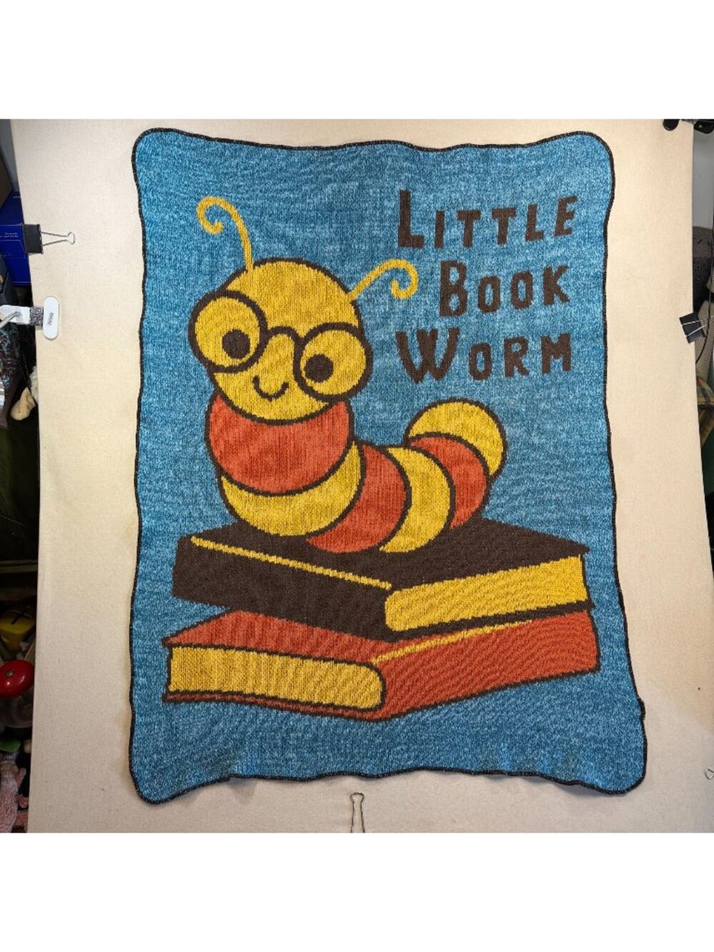 HK121 - green3 Little Book Worm Knit Throw 35 x 48 Recycled Cotton Blend Made in